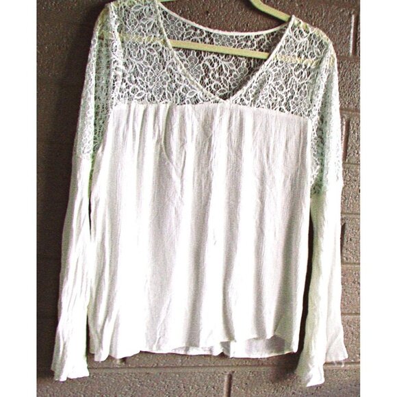 Entro Ivory Crepe and Lace Crochet Peasant Shirt Top Long Sleeves Size Large - Picture 2 of 11